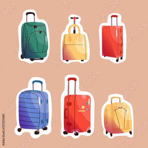 Luggage vector stickers collection. Isolated suitcases set with white contour. Handbag icons for travel and touurism