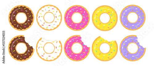 Whole and mouth bite donuts colourful set. Sweet glazed donuts collection. Vector isolated on white background.