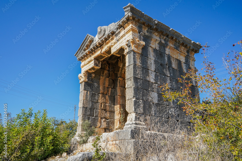 1st first one demircili imbrigon cilicia mausoleum front and right shot, roman empire, ion korihth, silifke mersin turkey