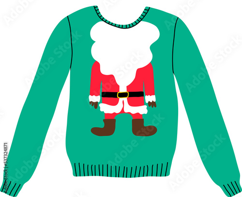 Christmas ugly green winter sweater in flat line trendy style, Santa Claus red costume with beard. Hand drawn holiday cartoon colorful PNG illustration for Xmas party. Warm knitted jumper.	
 photo