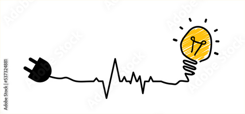 Plug and play sign. electric plug, socket, electricity, power idea. line wave pattern and hard battle and lightbulb. Socket plug adapter and and light bulb. Wire, cable of energy icon. ECG heartbeat.