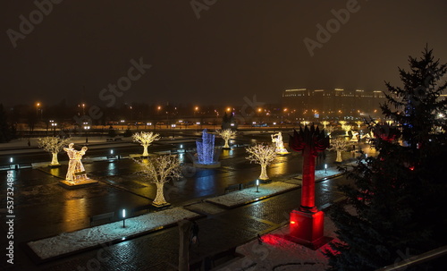 Moscow. Russia. December 20, 2020. Light sculptures of dancing couples in Victory Park on Kutuzovsky Prospekt. photo
