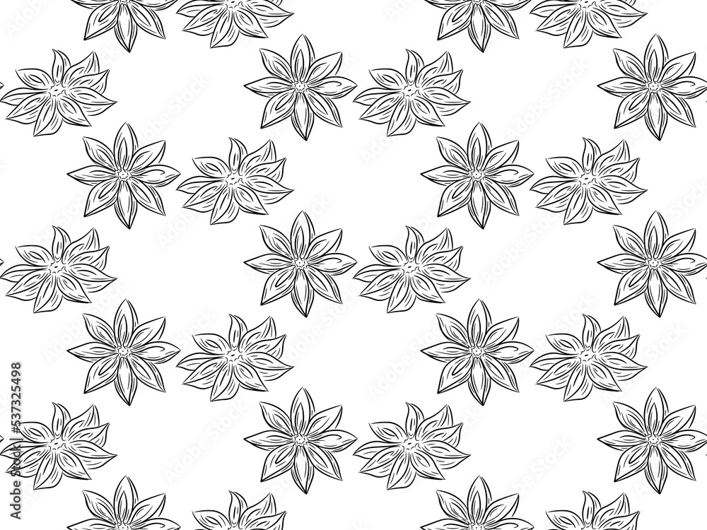 Hand drawn anise seamless pattern background. Spices in doodle and line art style. Isolated vector illustration.