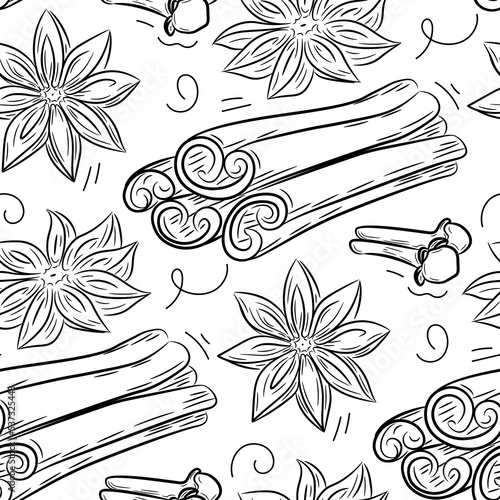 Hand drawn anise, cinnamon, cloves and vector seamless pattern background. Spices in doodle style. Isolated vector illustration.