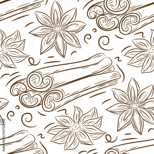 Hand drawn anise, cinnamon seamless pattern background. Spices in doodle style. Isolated vector illustration.