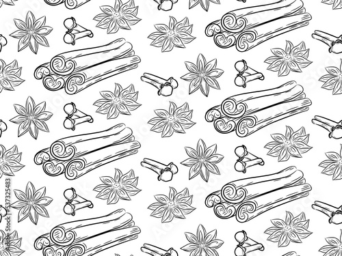 Mulled wine ingredients seamless pattern background. Cinnamon, related bunch, star anise, cloves. Hand drawn vector illustration with seasonal products. Engraved spices. Christmas drink theme.