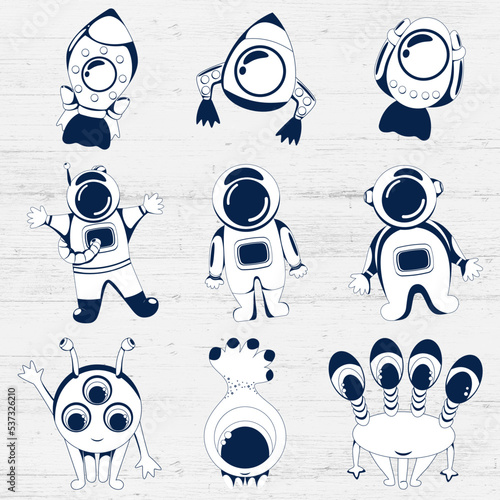 Space stickers set with rockets, astronauts, cute aliens, vector characters