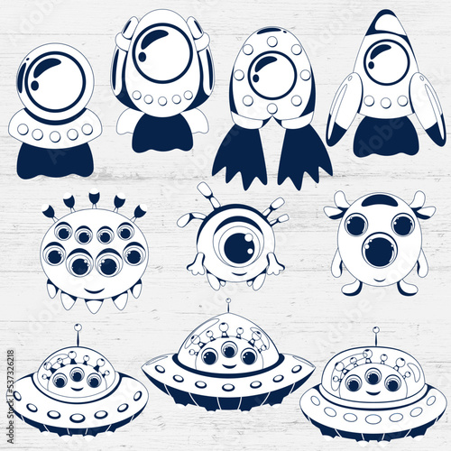 Space stickers with rockets and cute alien characters and aliens in spaceships