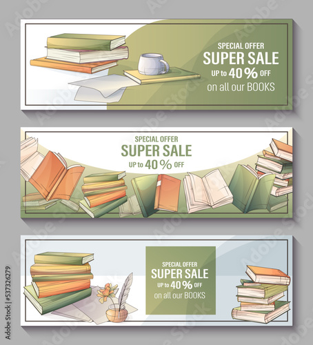 Vector set of promo sale banners for bookstore, bookshop, library.  Illustration of stack of books, open book. Vector illustration for poster, banner, advertising, flyer.