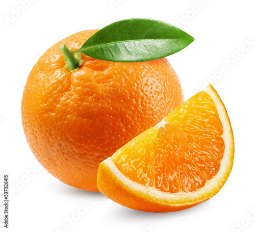 Orange isolated. Ripe juicy orange and orange slice isolated on white background. Fresh fruits.