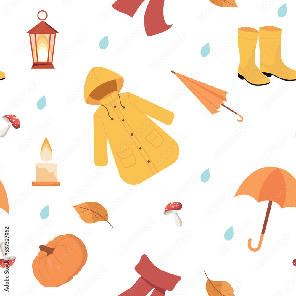 Autumn rainy seamless pattern with umbrella, yellow shoes,  coat and pumpkin