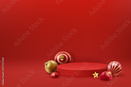 Christmas red podium with festive decorations. Christmas and new year 3D scene, podium for product display on red background