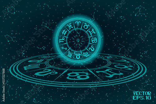Blue and Green Round Frame with Zodiac Signs. Horoscope Symbol. Panoramic Sky Map of Hemisphere. Glowing Constellations on Starry Night Background. Vector. 3D Illustration