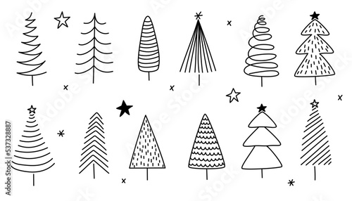 hand drawn christmas Tree Vector, svg Xmas Tree. Set of 12 Christmas Trees and stars. Christmas tree line drawing. Minimalistic line art style. New Years and xmas traditional .