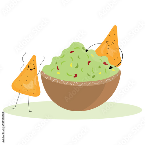Bowl of tasty guacamole and cute nachos on white background