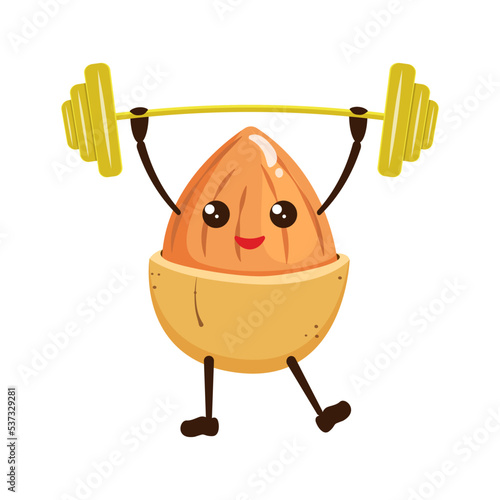 Cartoon illustration of kawaii almond with barbell. Nut weightlifter performs exercise