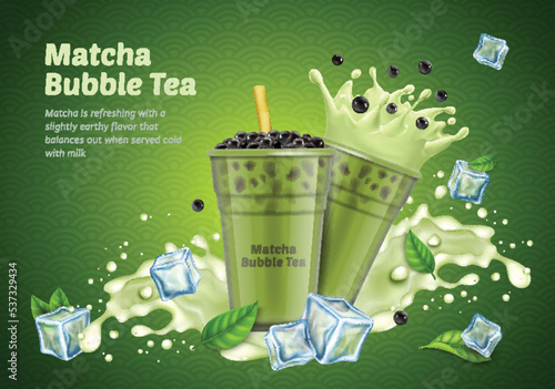 Realistic Detailed 3d Matcha Green Bubble Tea Ads Banner Concept Poster Card. Vector illustration of Boba Drink