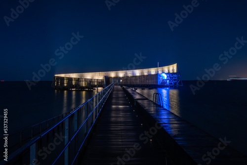 Copenhagen, Denmark The Kastrup Sea bath at night on the Oresund.