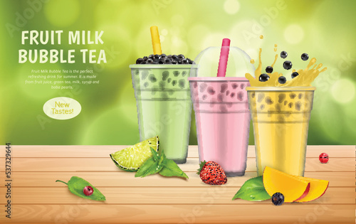 Realistic Detailed 3d Fruit Milk Bubble Tea Ads Banner Concept Poster Card. Vector illustration of Boba Drink with Juice and Syrup
