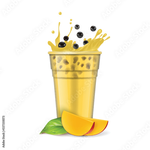Realistic Detailed 3d Bubble Milk Tea with Sweet Ripe Mango Slice and Splashing Boba Drink. Vector illustration