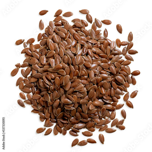 Pile of flax seeds isolated on white from above.