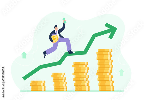 Economic growth concept. The stock market grows up, profits, and successful investing. A businessman jumps up on the growing stacks of coins. Vector flat illustration isolated on the white background.