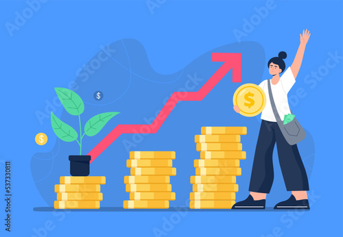 Financial growth concept. The stock market grows up, profits, and successful investing. A young woman earns and saves money and invests earnings. Vector flat illustration on the background.