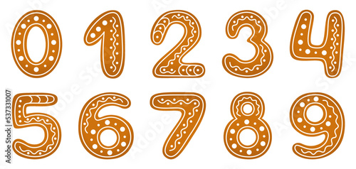 Numbers from 0 to 9 in gingerbread cookies style. Christmas and winter holiday theme. Vector illustration isolated on white background. 