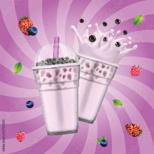 Realistic Detailed 3d Bubble Tea Ads Banner Concept Poster Card Advertising for Cafe. Vector illustration of Blueberry and Strawberry Boba Drink