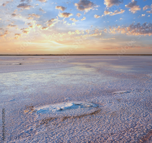 Sunset Genichesk pink salty lake, Ukraine