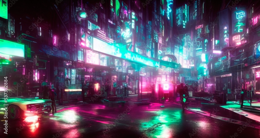 Cyberpunk art 3D illustration of  futuristic cityscape. City of the future at bright multicolored neon night. Neon Haze. Evening urban landscape.