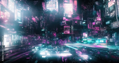Cyberpunk art 3D illustration of  futuristic cityscape. City of the future at bright multicolored neon night. Neon Haze. Evening urban landscape.