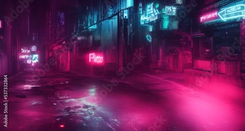 Cyberpunk art 3D illustration of  futuristic cityscape. City of the future at bright multicolored neon night. Neon Haze. Evening urban landscape.