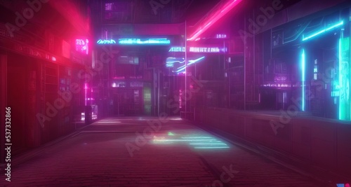 Cyberpunk art 3D illustration of futuristic cityscape. City of the future at bright multicolored neon night. Neon Haze. Evening urban landscape.
