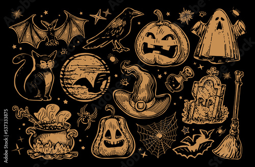 Halloween concept. Spooky and creepy vintage set elements. Holiday decorations collection vector illustration