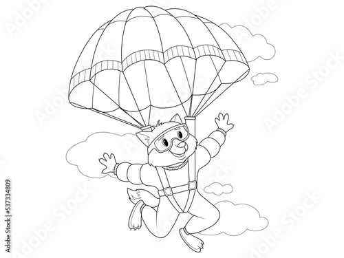 Wolf jumps with a parachute, flying in the sky. Vector isolated, children coloring book.