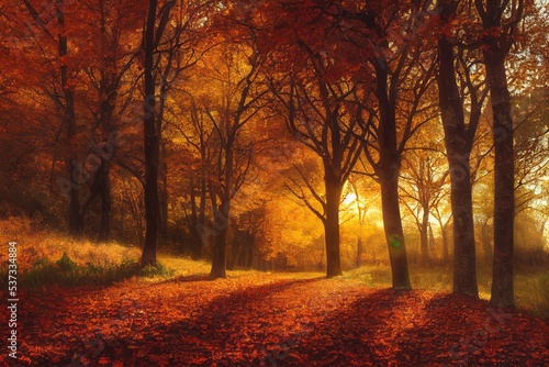 Autumn background in an orange sunny forest covered with autumn leaves