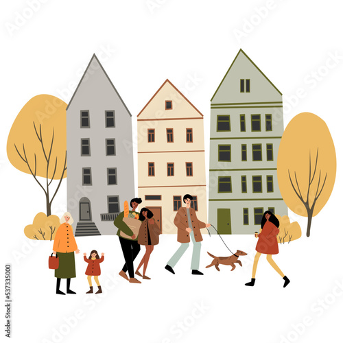 Fall city illustration, People walk in autumn park vector clipart, Cozy city street with houses in Scandinavian style and colorful trees png, Vector cityscape scenes, clip art in flat cartoon style.
