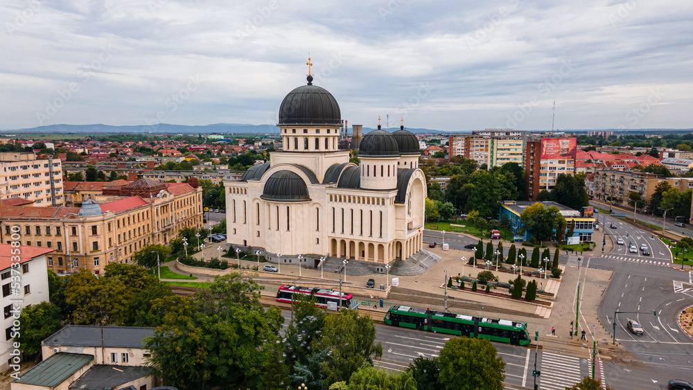 Aerial photography of the Orthodox Cathedral in Arad, Romania. Photo was taken from a drone at lower altitude in landscape.