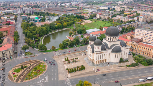 Top view of Arad, Romania cityscape with the Orthodox Cathedral and the surounding buidings. Photography was shot from a drone at a higher altitude. photo