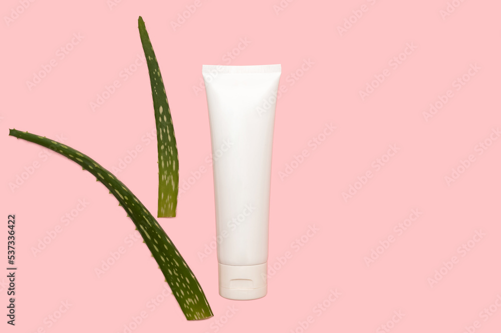 Leaves of a green medicinal flower of aloe vera. White container for cream. Leaves of a green medicinal flower of aloe vera. White container for cream.