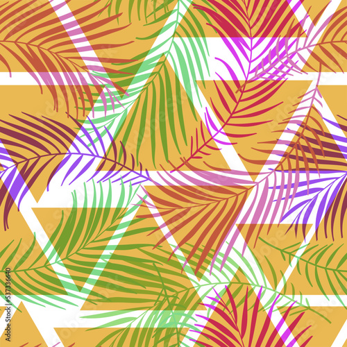 Fototapeta Naklejka Na Ścianę i Meble -  Abstract Floral coconut trees seamless pattern with triangle geometric shape. tropical background	

