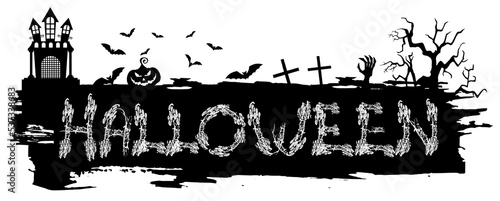 Happy Halloween vector lettering. Black letters with thorny gloomy thickets