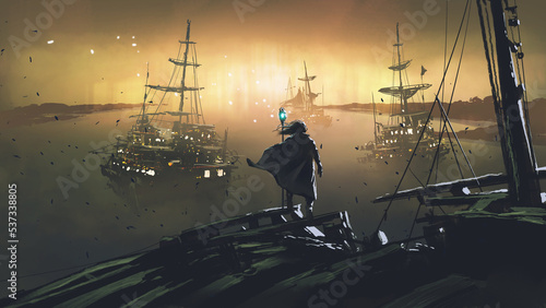 Wizard with a magic wand standing on the ship against the sunset background, digital art style, illustration painting