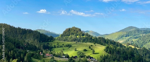 Panoramic view of a green landscape with trees and vegetation in blue sky background