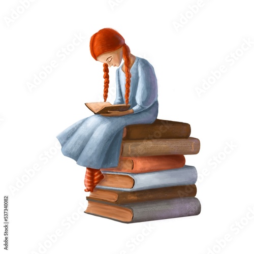 redhaired girl reading book watercolor style illustration, concept clipart