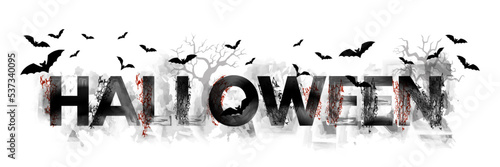 Happy Halloween vector lettering with Bat swarm.