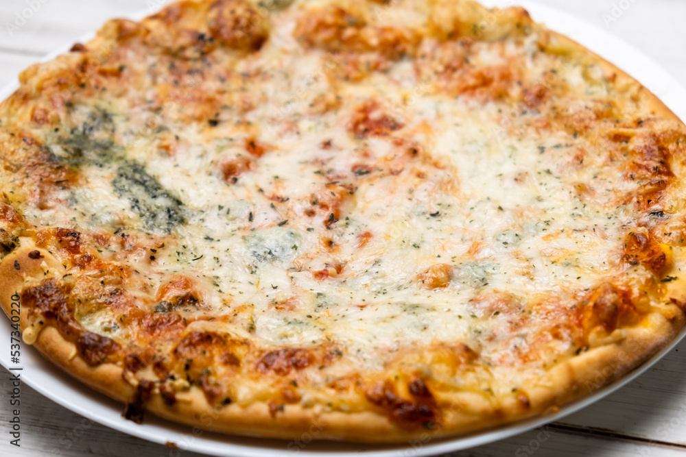 Freshly cooked pizza with blue cheese. Close-up. Freshly cooked pizza with blue cheese. Close-up.