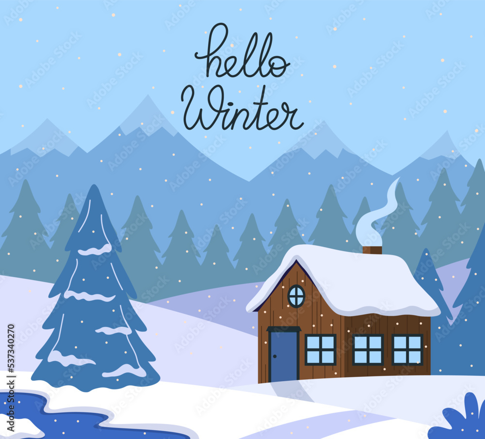 Postcard Hello Winter With Cabin And Landscape For Greeting Vector Illustration In Flat Style