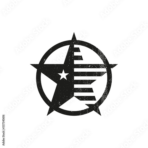 Black and white vintage round sign for print of stylized USA flag army star